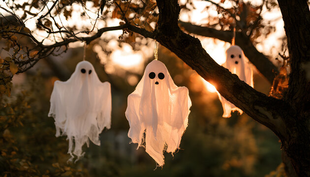 Three mischievous ghost decorations dangling from a tree against the golden hues of an autumn garden during sunset