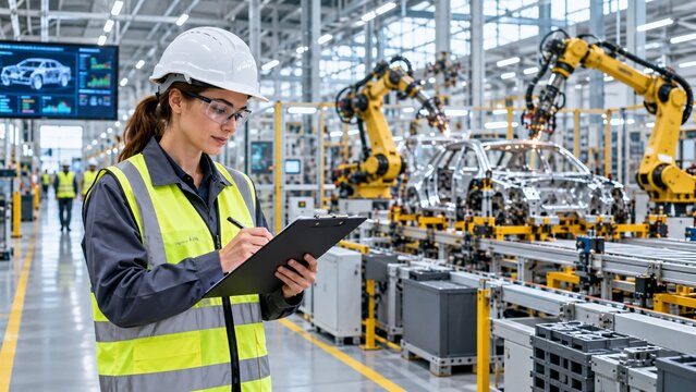 Quality assurance engineer writing on clipboard during factory safety inspection