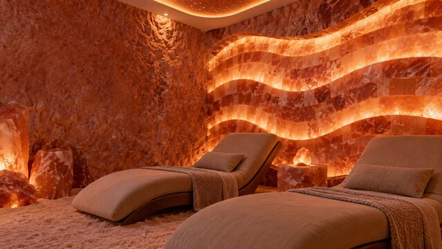 Sculpted stone spa room with curved illuminated walls and recliners. Wellness retreat and relaxation space. Luxury interior design and therapeutic ambiance. Resort spa decor.