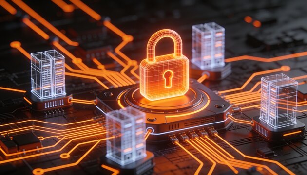 Isometric online transaction processing with glowing orange padlock, holographic wireframe routing nodes and servers in neon circuitry on dark backdrop, secure payment gateway illustration