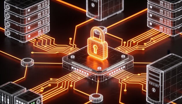 Isometric online transaction processing with glowing orange padlock, holographic wireframe routing nodes and servers in neon circuitry on dark backdrop, secure payment gateway illustration