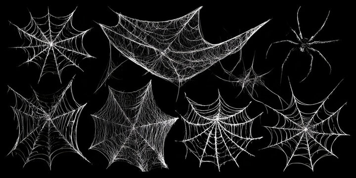 Dark spider web collection with realistic tangled threads, gothic horror style illustration, isolated clip art elements, and Halloween decoration frame design bundle