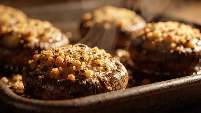 Fresh oven roasted portobello mushrooms stuffed with savory herbs and golden breadcrumbs in a baking tray.