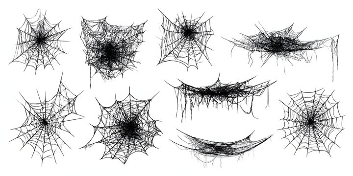 Dark spider web design with realistic intertwined threads, gothic horror themed artwork, individual clip art elements, and a Halloween decoration frame style bundle