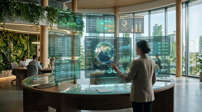 Futuristic ESG Audit Workspace with Carbon Tracking Panels, Sustainability Charts and Transparent Digital Records