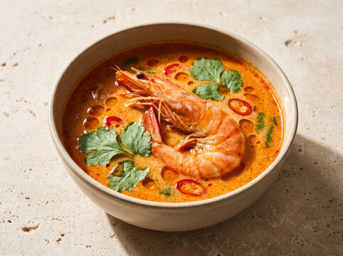 Spicy Thai tom yum goong soup with whole prawn and fresh cilantro herbs