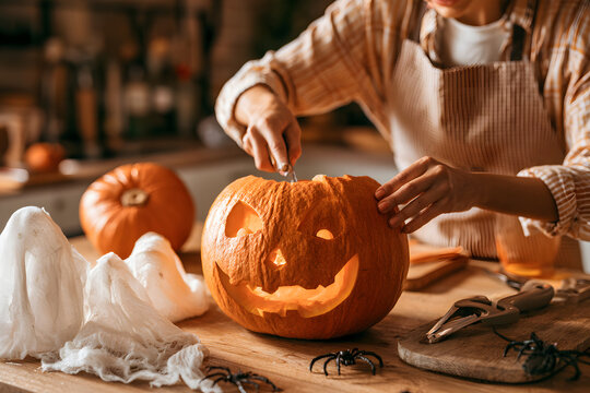 A woman is carving a Halloween pumpkin, setting the scene for the holiday