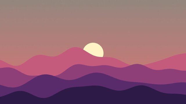Flat landscape sunset animation, sun setting behind hills, minimal vector style