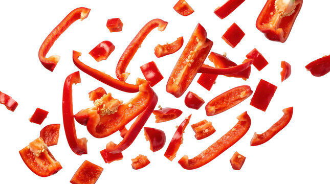 Falling sliced red bell pepper pieces isolated on PNG transparent background