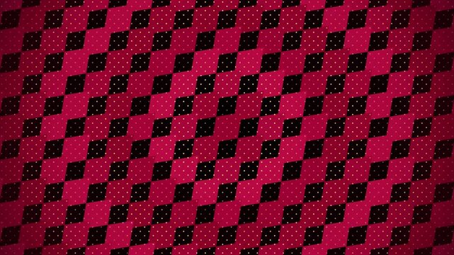 Abstract geometric pattern with red rhombuses and black diamonds featuring small golden dots, creating a sophisticated and modern textured background design
