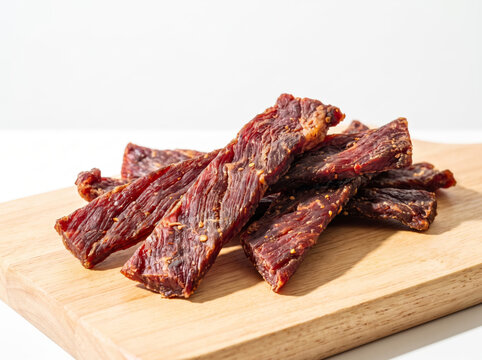 Pile of dry cured spicy beef jerky strips on wooden cutting board