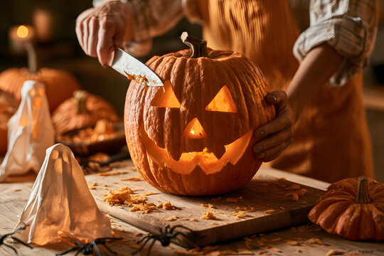To carve a Halloween pumpkin, a woman holds it and the knife beside ghostly and spider-themed decorations on the table. Preparation for Halloween includes this task