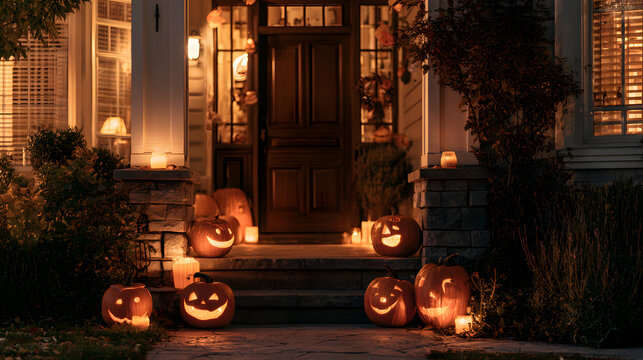 A spine-chilling Halloween porch was adorned with eerie glowing carved pumpkins and glowing flickering candles at night, creating a festive seasonal ambiance in a suburban abode