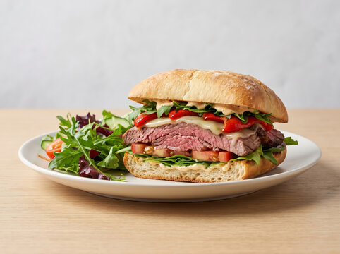 Flank steak sandwich with melted cheese roasted red peppers and fresh arugula