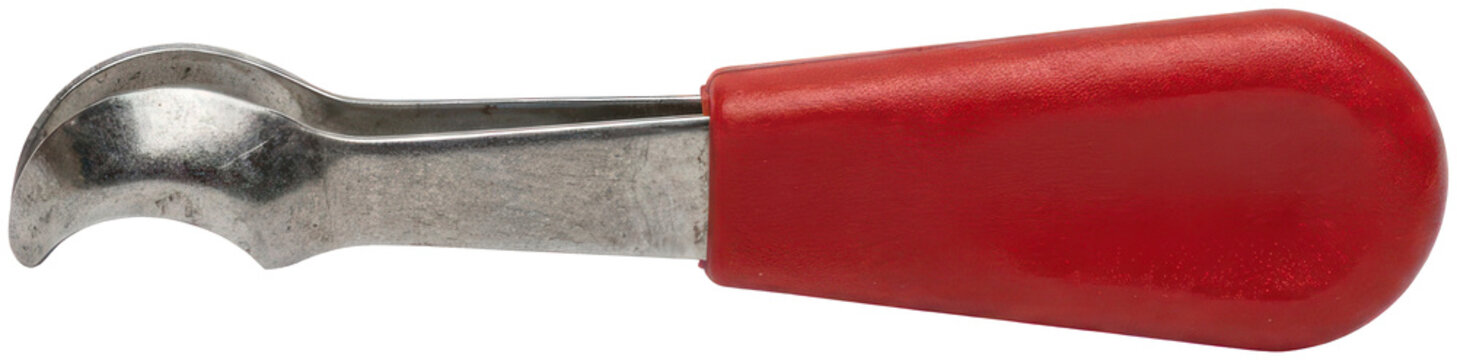 Red handle citrus zester tool.