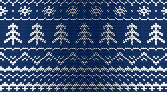 Christmas knitted seamless pattern. Winter ornament on navy background