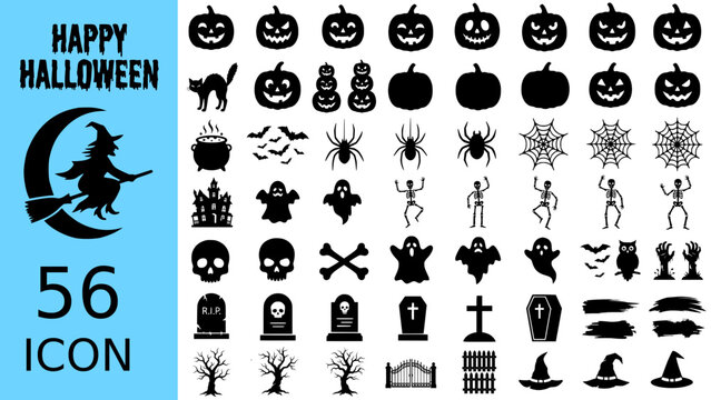 Set of fifty six halloween themed black icons on transparent background