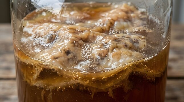 Fermenting kombucha scoby floating inside transparent glass jar showing textured surface layers and bubbling probiotic tea liquid