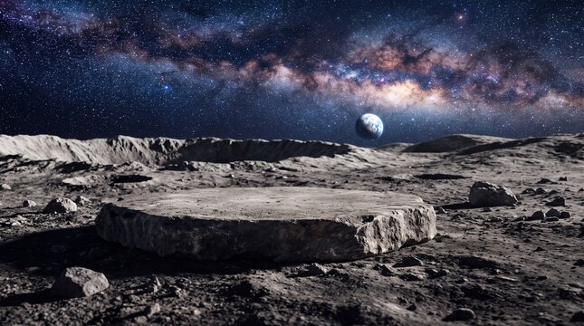 View of a lunar landscape with the Earth visible in the distance