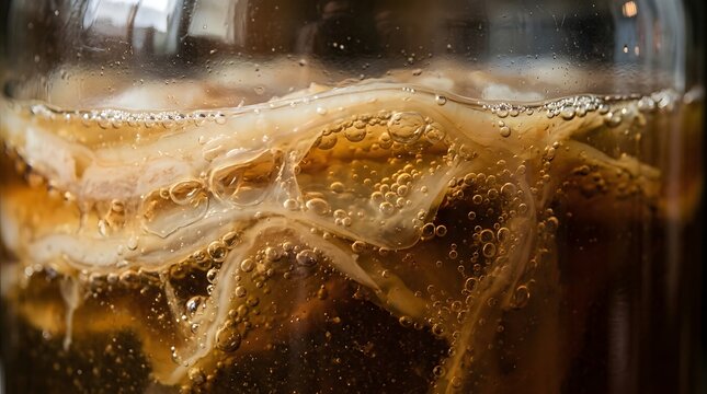 Fermenting kombucha scoby pellicle floating inside a glass jar filled with organic brewed tea liquid during home brewing