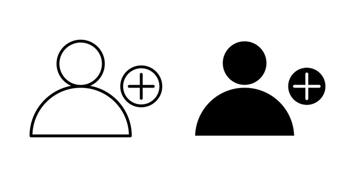 Add user icons set with outline and solid person profile symbol with plus sign for web interface