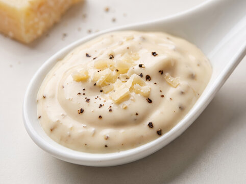 Creamy cheese sauce topped with grated parmesan and pepper in spoon
