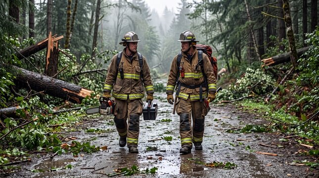 Two firefighters walking through a forest after a storm, carrying tools