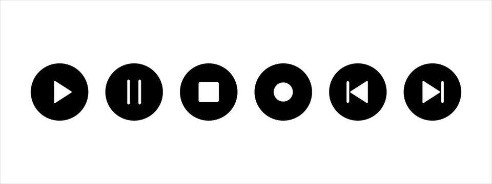 Set of black media player control buttons icons including play pause stop record and skip tracks