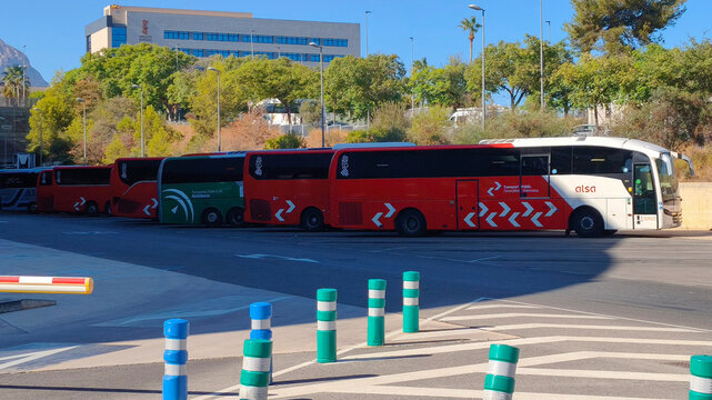 Benidorm, Spain - September 20, 2026: ALSA buses parked at Benidorm Bus Station in Alicante, Spain, ready for passenger departures and intercity travel