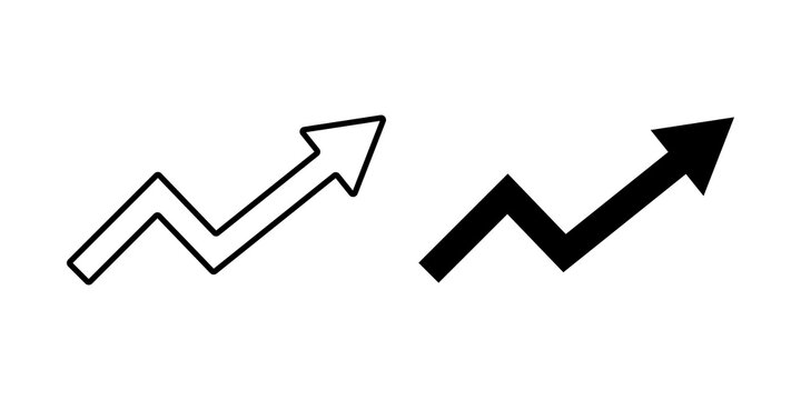 Black upward trend arrow icons showing growth and progress in outline and solid styles