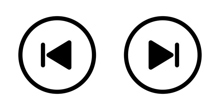 Black skip to start and skip to end media control icons in circular buttons for video players