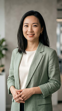 Professional Portrait of a Confident Asian Businesswoman in a Light Green Blazer Standing in a Modern Office Setting