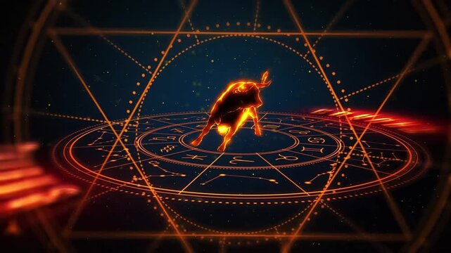 Golden Taurus Zodiac Sign Glowing Inside Mystical Astrological Circle with Geometric Patterns