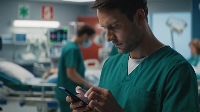 Serious young Caucasian male nurse checking mobile phone while standing inside a modern hospital ward room.