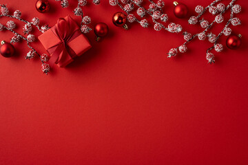 Red Christmas gift with ribbon, snowy berry branches and baubles on red background for holiday greetings © ActionGP