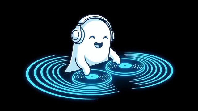 Adorable 4K Ghost DJ Mixing Neon Music on Glowing Blue Vinyl Turntables with Soundwaves in Dark Spooky Space