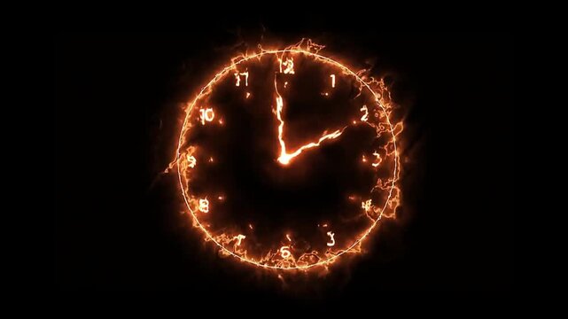 Fiery burning clock with glowing flame effect on black background representing passing time and urgency