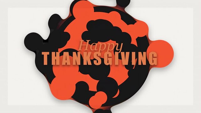 Dynamic fluid motion graphic of thanksgiving typography with morphing black and orange liquid metaball blobs on bright background for autumn holiday greeting intro or video template.