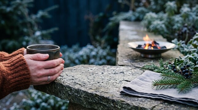 Hands warm around amber tea beside glowing coals