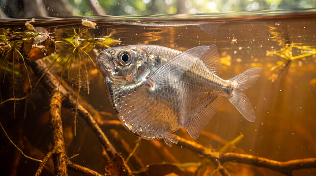 Silver hatchetfish swimming through amber freshwater roots
