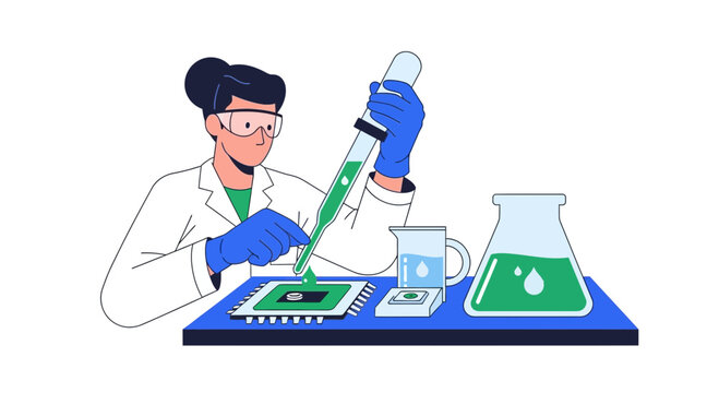 Female Scientist Using Pipette for Microchip Biotechnology Research and Development Illustration