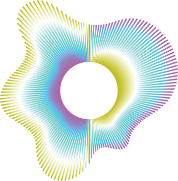 Radial gradient shape with yellow, cyan, and purple lines arranged in a circular pattern around a central white circular negative space