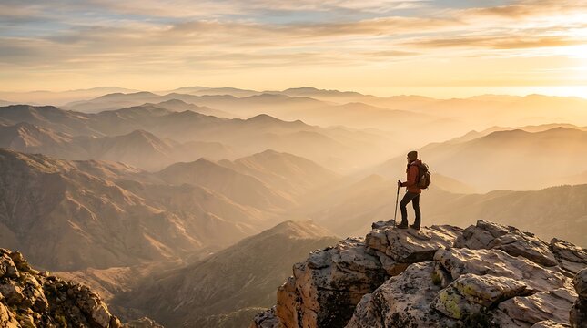 Hiker silhouette on mountain peak at sunrise over valleys