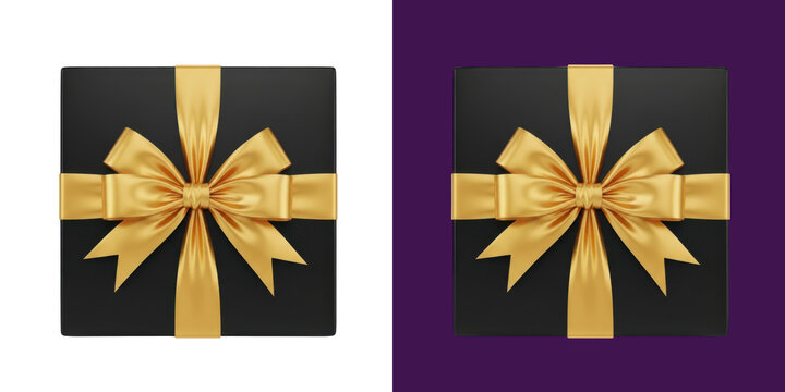 Elegant black gift box with shiny gold ribbon bow 3D rendering transparent png