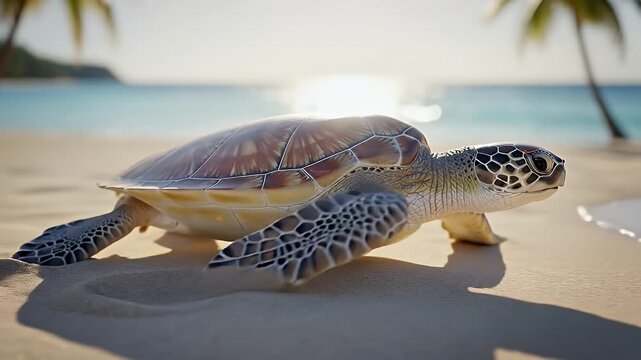 Green Sea Turtle On Sandy Beach With Palm Trees And Ocean Sunrise