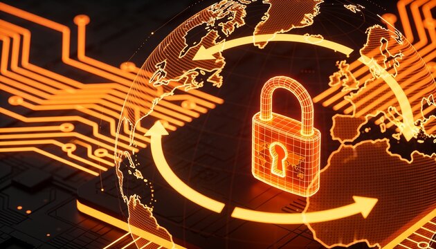Isometric global money transfer with glowing orange lock shield, holographic wireframe globe and transaction arcs in neon circuitry on dark backdrop, secure cross border payment illustration