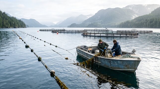 Workers tend kelp lines at a coastal fish farm