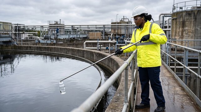 Technician samples water beside a settling basin