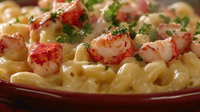 Close-up of creamy macaroni and cheese served with chunks of succulent lobster meat and garnished with fresh parsley.