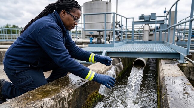 Field technician collects water at a steel outfall